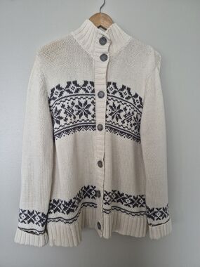 Eddie Bauer Cream Fair Isle Button Cardigan with Black Pattern